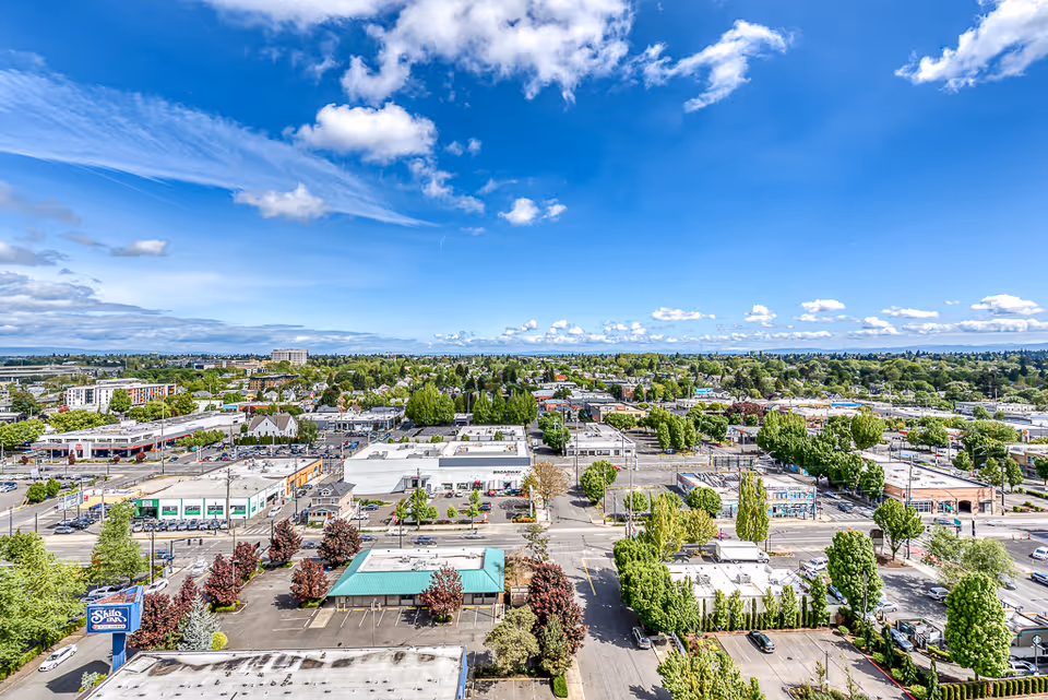 Aerial view of a suburban area with commercial buildings, parking lots, and tree-lined streets under a blue sky with scattered clouds.