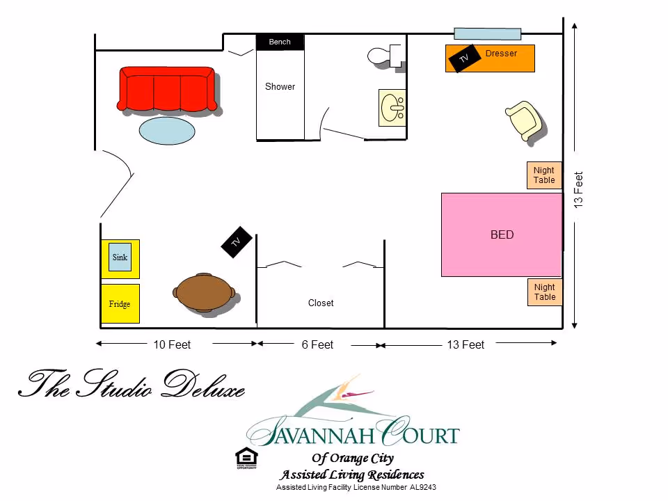 Floor plan of The Studio Deluxe at Savannah Court of Orange City showing a layout with a bed, two night tables, a dresser with TV, a chair, a closet, a bathroom with shower, toilet, and sink, a living area with a red couch and coffee table, a dining table with chairs, a TV, a sink, and a fridge. Dimensions are marked as 10 feet, 6 feet, and 13 feet in various sections.