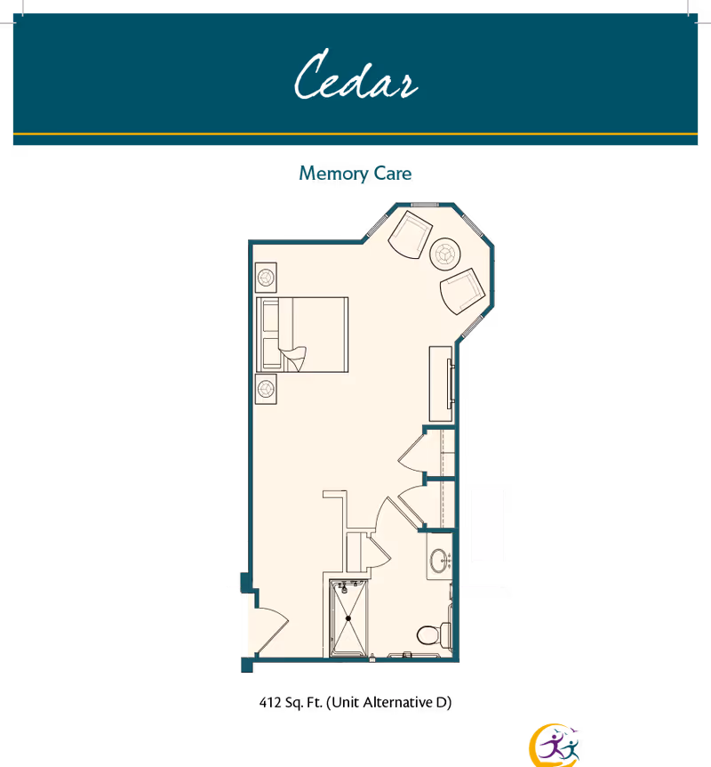 Floor plan titled 'Cedar Memory Care' showing a studio layout with a bed, seating area, bathroom, closets, and entry.
