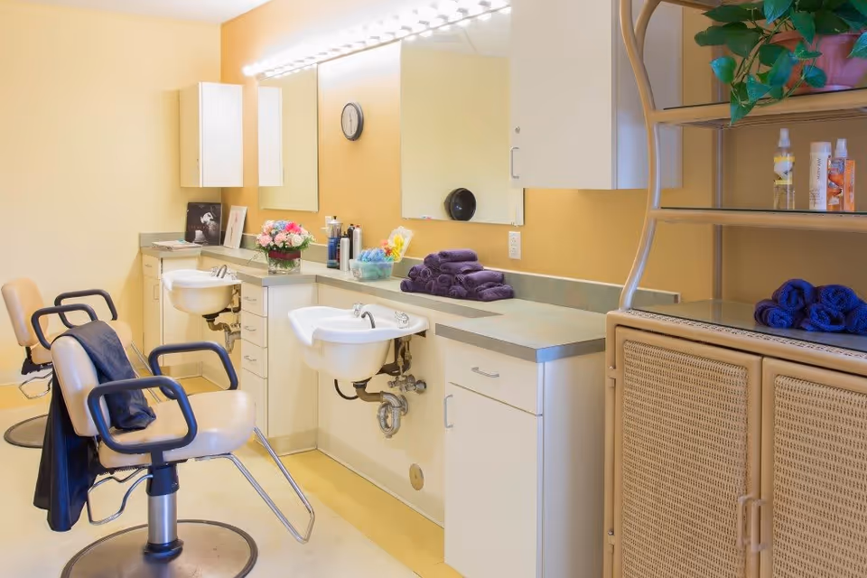 Interior of a salon area with two beige salon chairs facing sinks mounted on a countertop. The countertop has various items including folded purple towels, hair products, and a flower arrangement. There is a large mirror with bright lights above it and a shelving unit with additional towels and plants.
