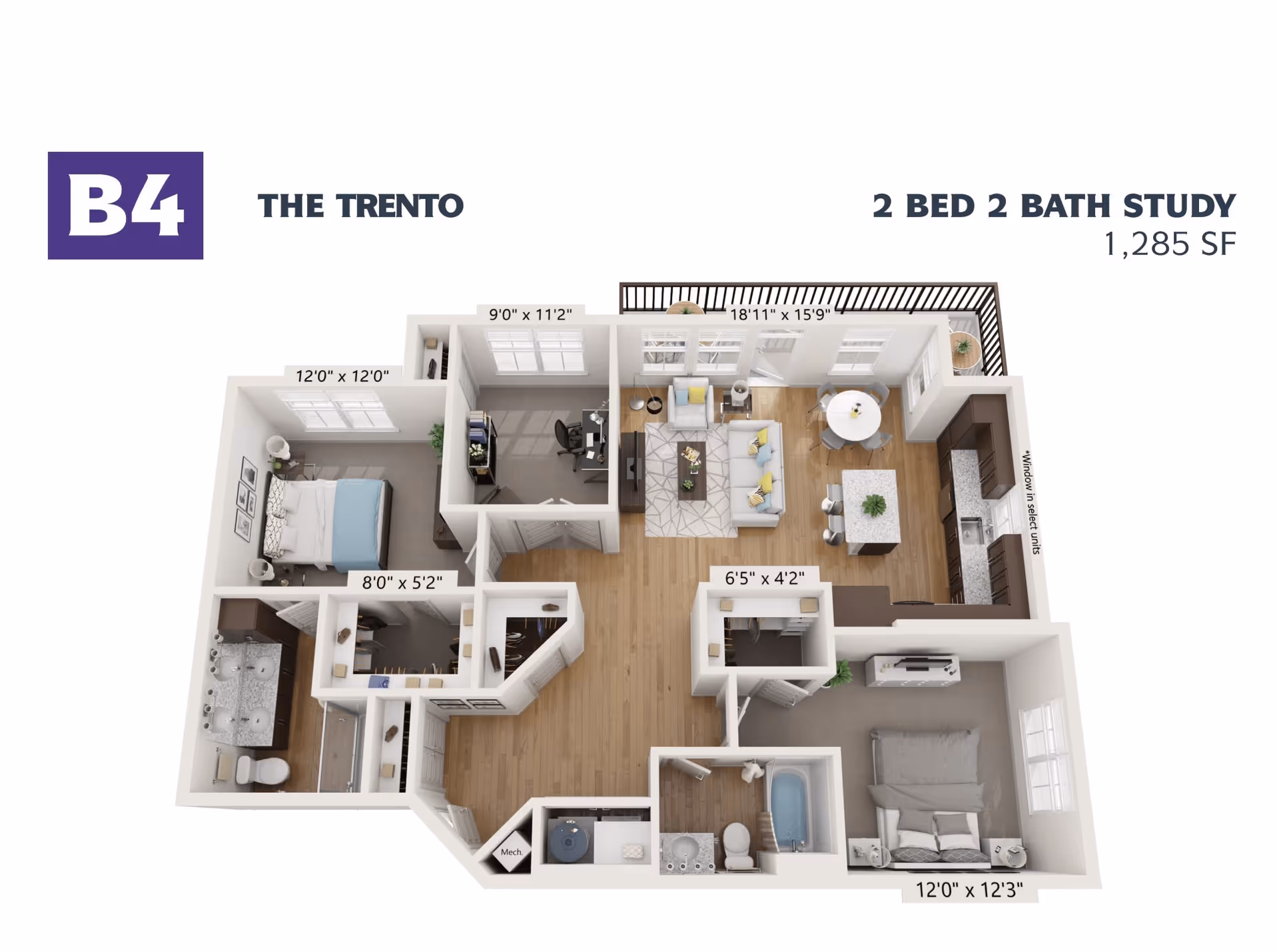 3D floor plan of The Trento apartment layout featuring 2 bedrooms, 2 bathrooms, and a study. The layout includes a living room, kitchen with island, dining area, two bedrooms with measurements, two bathrooms, a study area, and a balcony. The total area is 1,285 square feet.