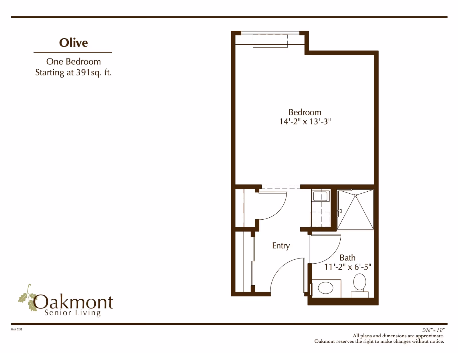 Floor plan of a one-bedroom unit named Olive at Oakmont Senior Living, showing a bedroom measuring 14 feet 2 inches by 13 feet 3 inches, an entry area, and a bathroom measuring 11 feet 2 inches by 6 feet 5 inches.