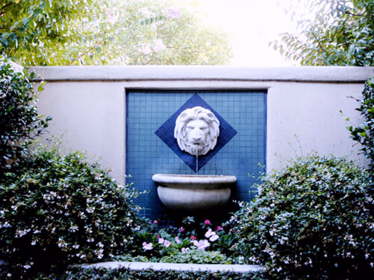 Outdoor garden area with a decorative lion head water fountain mounted on a blue tiled wall, surrounded by green bushes and flowering plants.