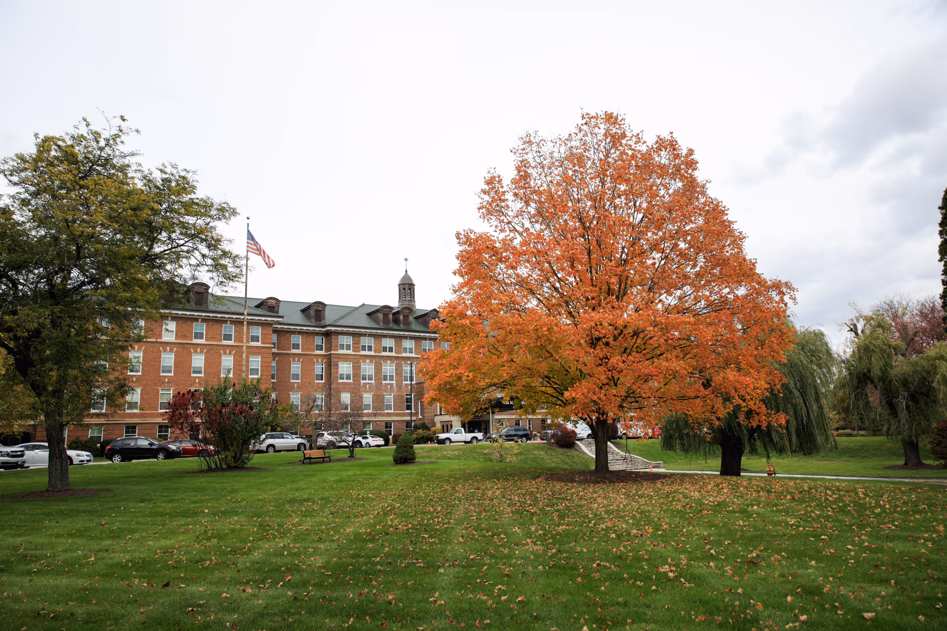 A large brick building with multiple windows and a green roof is seen behind a grassy lawn with scattered fallen leaves. There is a prominent tree with bright orange autumn leaves in the foreground, along with other green trees and a flagpole with an American flag near the building. Several cars are parked along the driveway in front of the building.