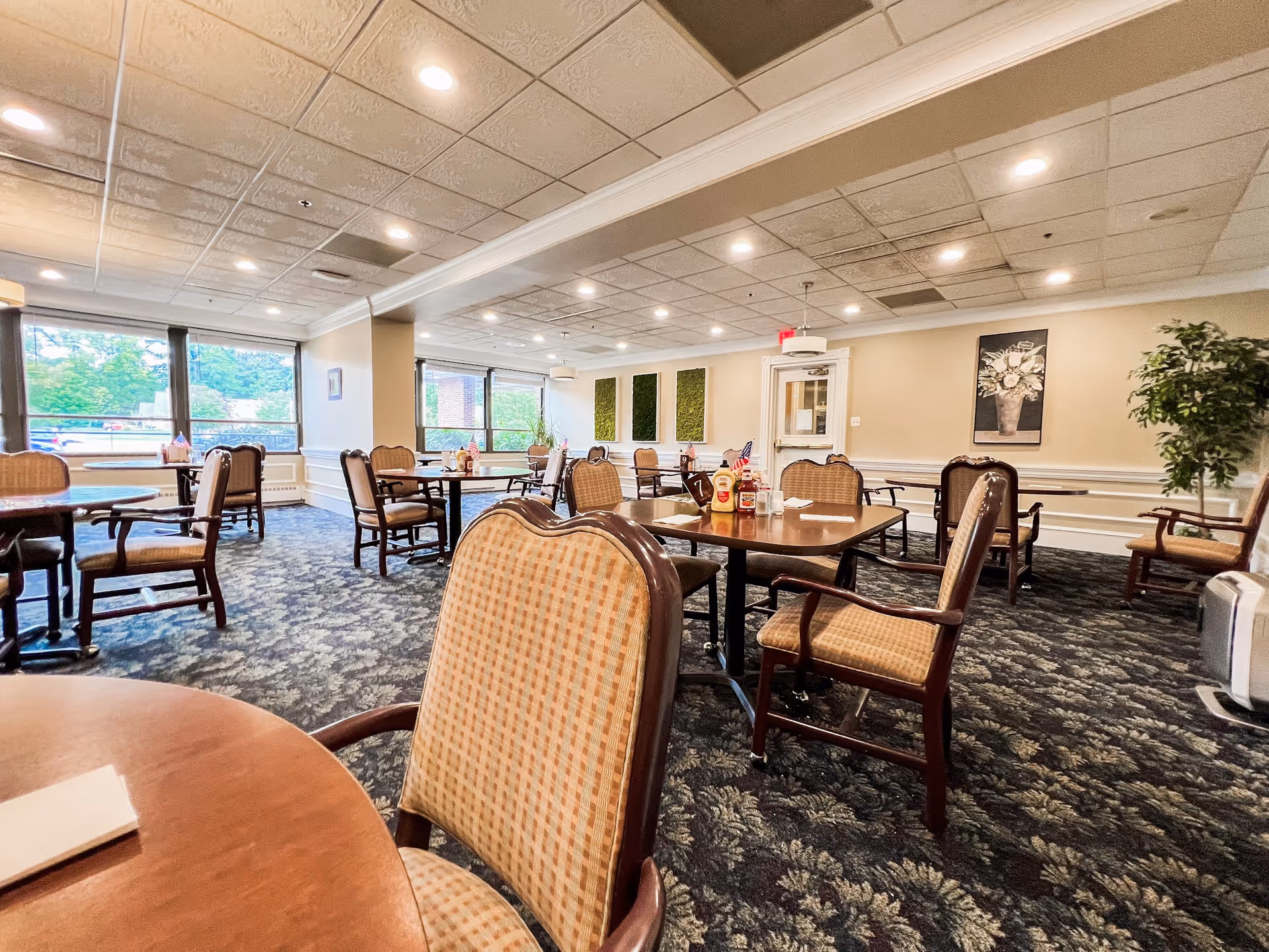 A spacious dining room with multiple wooden tables and cushioned chairs arranged neatly. The room has large windows allowing natural light to enter, patterned carpet flooring, and neutral-colored walls decorated with framed artwork and green wall panels. There are condiments on the tables and a potted plant in the corner.