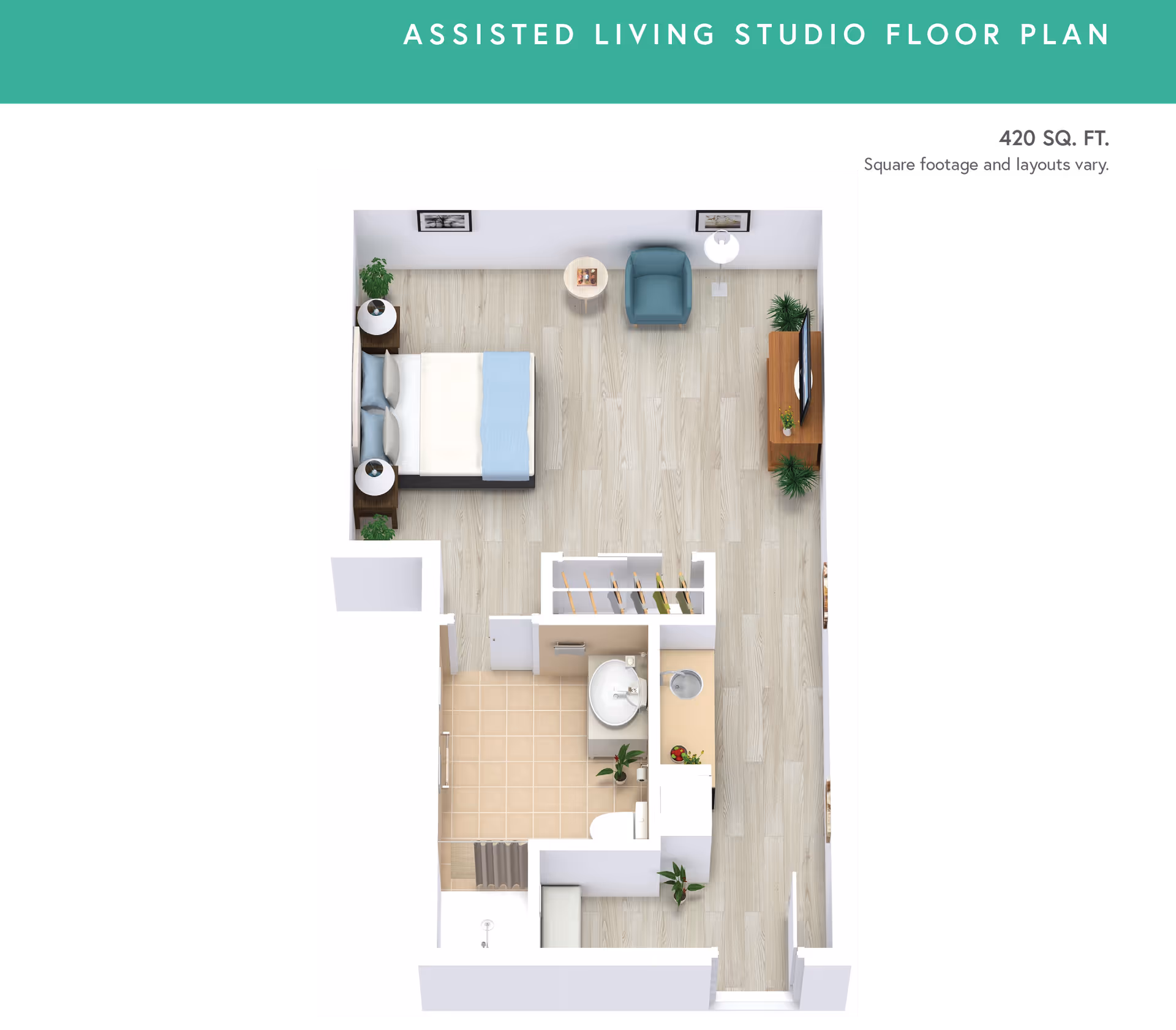 3D floor plan of an assisted living studio apartment with 420 square feet. The layout includes a sleeping area with a bed, two nightstands, and plants, a sitting area with a chair and a TV on a stand, a closet, a bathroom with a sink and toilet, and a small kitchen area with a sink and counter space.