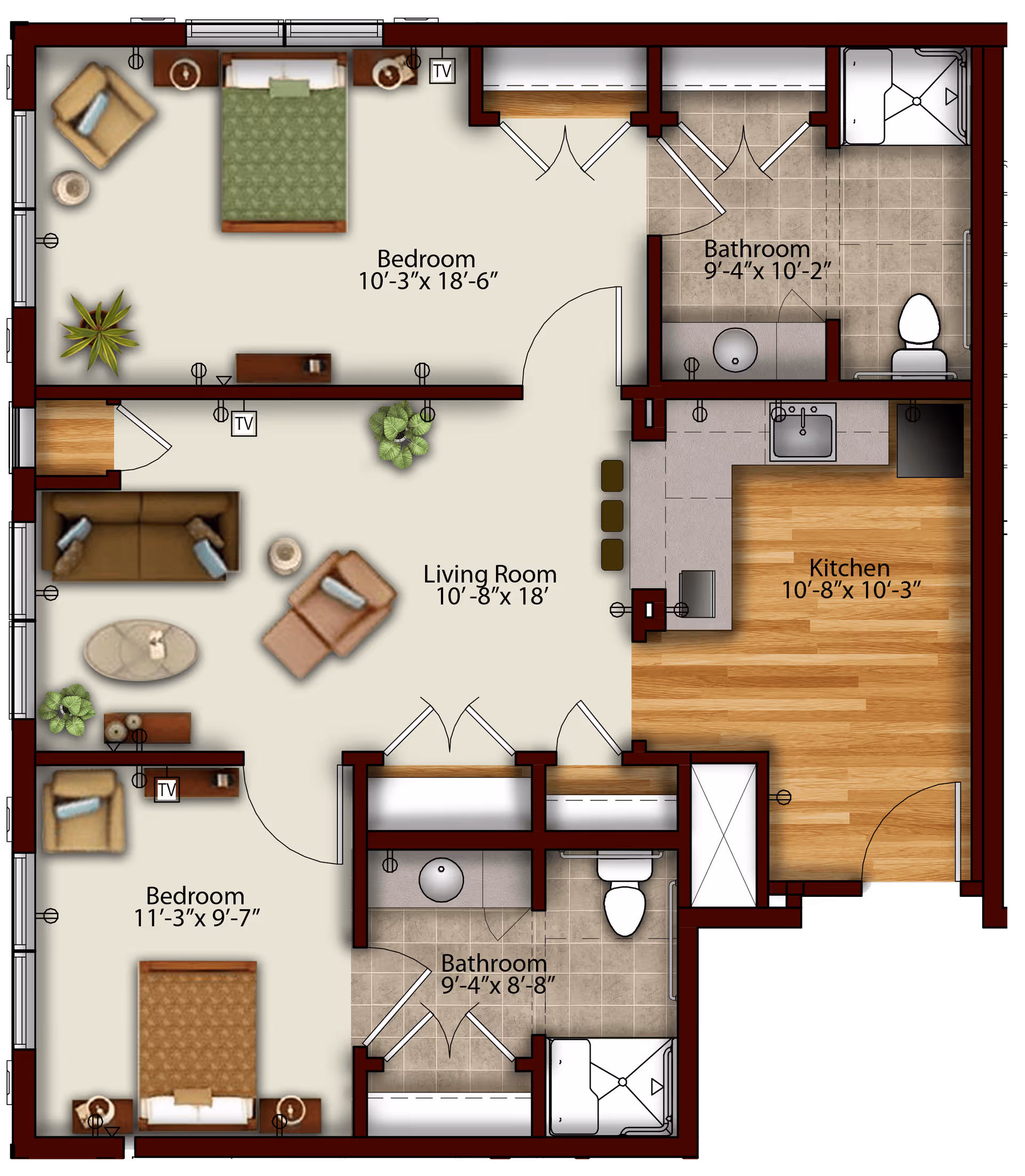 Architectural floor plan of a residential unit at Harmony at State College showing two bedrooms, two bathrooms, a living room, and a kitchen with dimensions labeled for each room.
