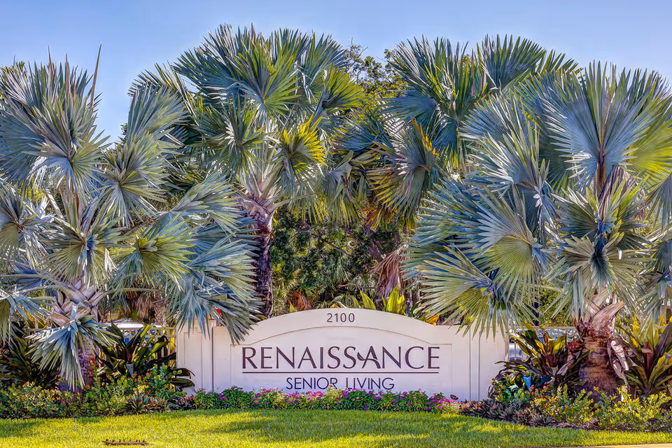 Outdoor view of the entrance sign for Renaissance Senior Living surrounded by lush tropical plants and palm trees under a clear blue sky.
