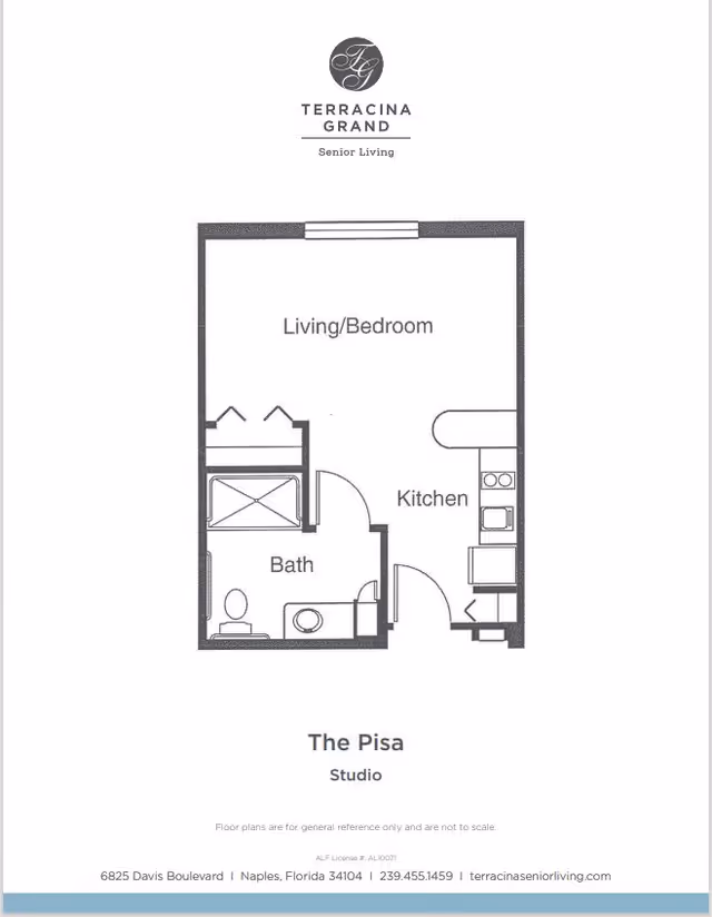 Floor plan of a studio apartment named The Pisa at Terracina Grand Senior Living, showing a combined living and bedroom area, a kitchen, and a bathroom.