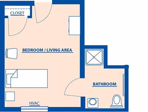 Floor plan of a small living space labeled Chestnut Knoll, showing a combined bedroom and living area with a closet, HVAC unit, and an adjacent bathroom with a shower, toilet, and sink.