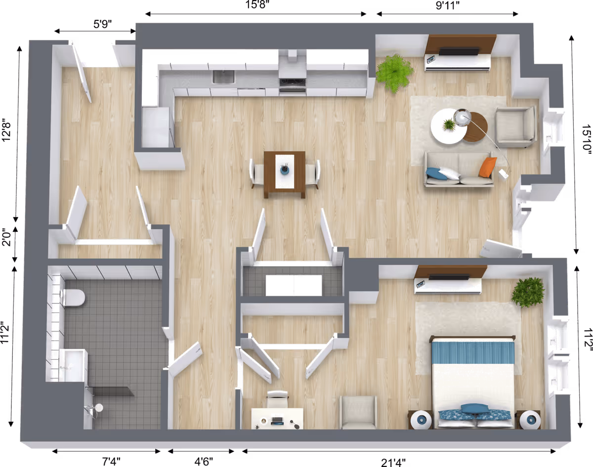 3D floor plan of a senior living apartment showing a bedroom with a bed, two nightstands, a dresser, and a plant; a living room with a sofa, armchair, coffee tables, TV, and a plant; a kitchen with cabinets, sink, stove, and a small dining table with two chairs; a bathroom with a toilet, sink, and shower; and an entry area with closets. Dimensions of each room and overall layout are indicated.