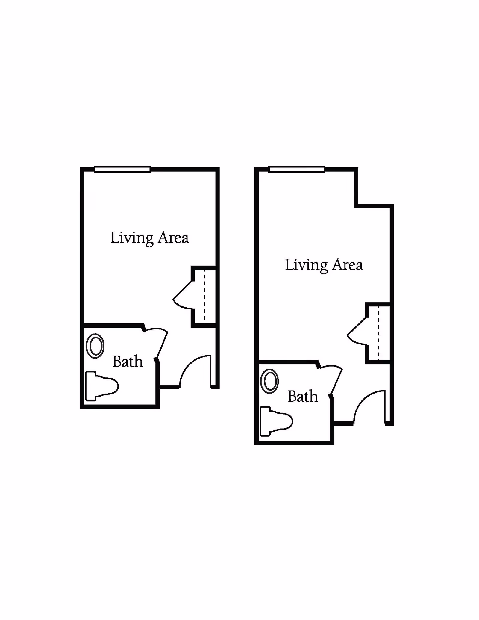 Two simple architectural floor plans showing a living area and a bathroom each. Both layouts have a living area with a window and a bathroom with a toilet and sink. Each plan includes a door and a small closet space.