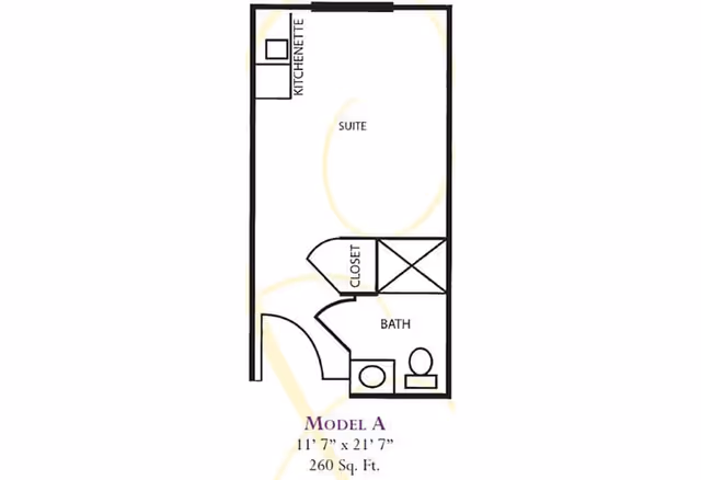 Floor plan labeled Model A for a 260 sq. ft. studio suite with a kitchenette, closet, and bathroom (11'7" x 21'7").