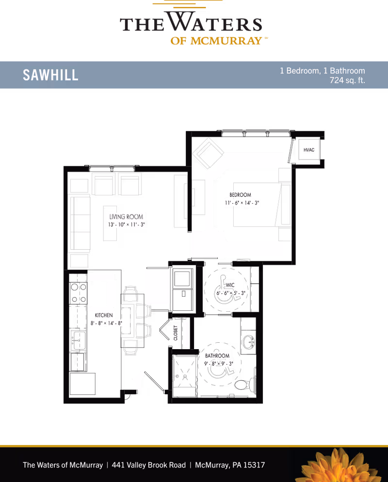 Floor plan layout of a one-bedroom, one-bathroom apartment named Sawhill at The Waters of McMurray. The plan shows a living room, kitchen, bedroom, bathroom, walk-in closet (WIC), and HVAC area with dimensions for each room.