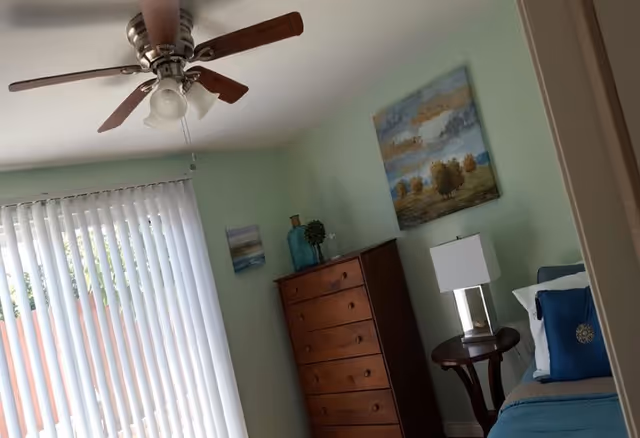 Light-green bedroom with a ceiling fan, vertical blinds, a tall wooden dresser, and a bed with blue pillows and a bedside table with lamp.