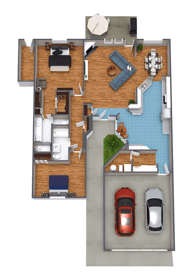 3D floor plan of a single-story home featuring two bedrooms, two bathrooms, a living room with sectional sofa and TV, a dining area with table and six chairs, a kitchen with appliances and blue tiled floor, a two-car garage with red and silver cars, and an outdoor patio with umbrella and seating.