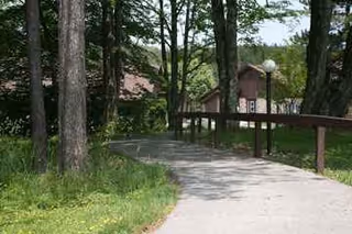Tree-lined path leads to a building with wooden railing and lush greenery.