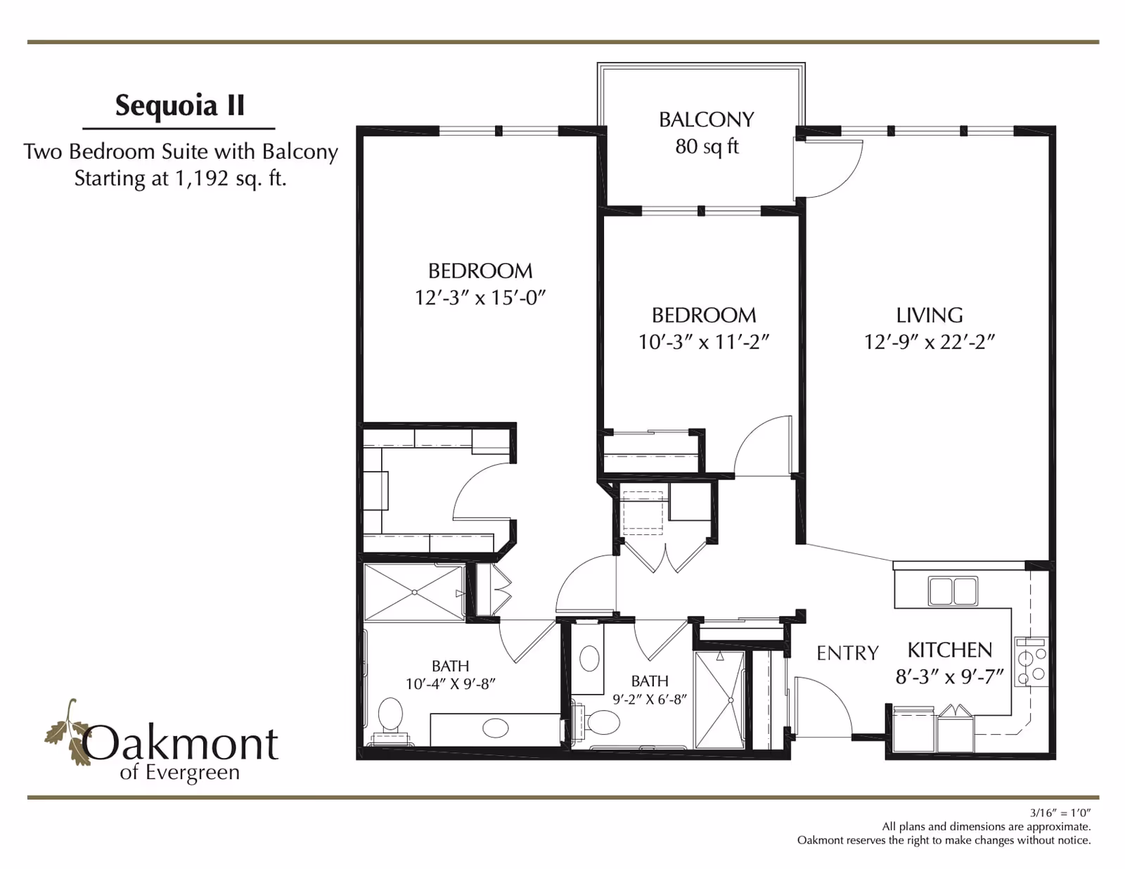 Floor plan of Sequoia II, a two-bedroom suite with balcony starting at 1,192 sq. ft. It includes two bedrooms, two bathrooms, a living room, kitchen, entry, and an 80 sq. ft. balcony. Dimensions for each room are provided. The plan is labeled with Oakmont of Evergreen logo.