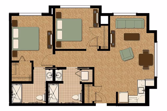 Floor plan of an assisted living apartment featuring two bedrooms, two bathrooms with showers and toilets, a living room with a sofa, armchair, coffee table, and dining table, and a kitchen area with appliances.