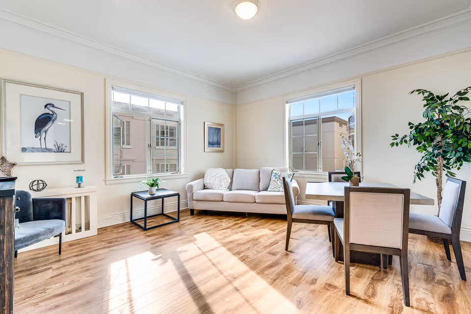 Bright living room with a sofa, small dining table and chairs, large windows, hardwood floors, and a potted plant.