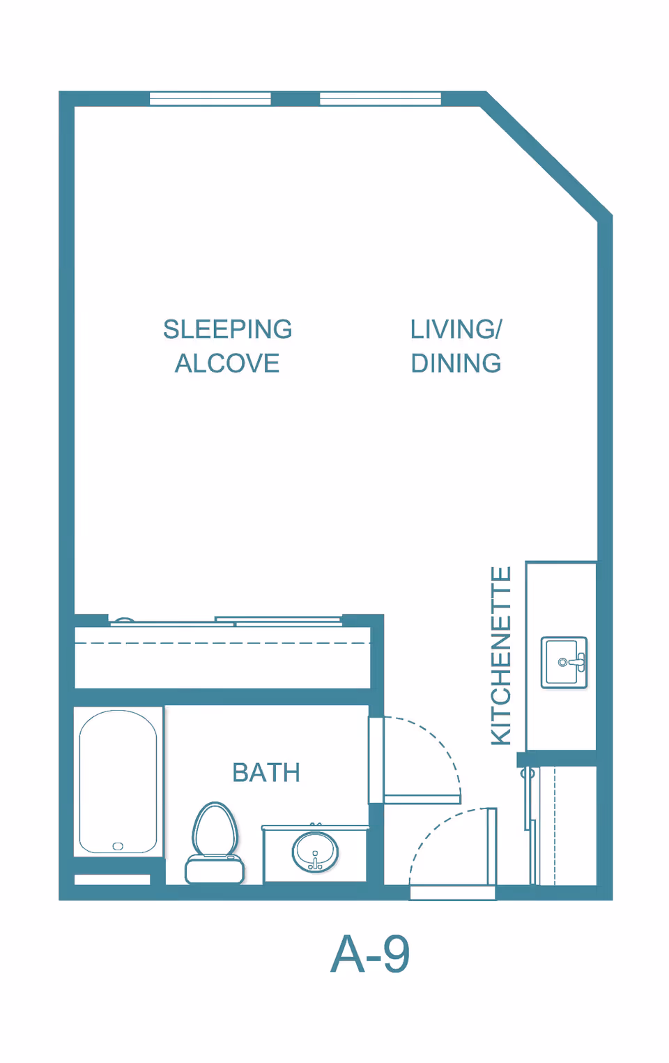 Floor plan labeled A-9 showing a layout with a sleeping alcove, living/dining area, kitchenette, and a bathroom with a bathtub, toilet, and sink.