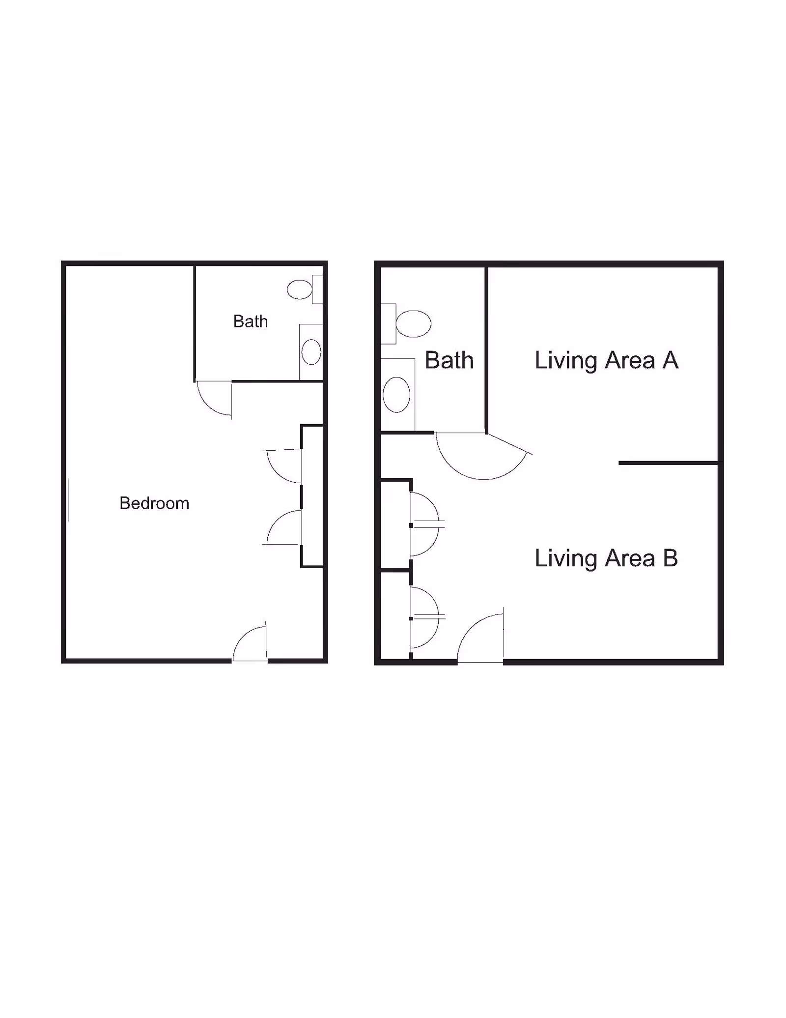 A simple black and white floor plan showing two sections. The left section includes a bedroom and a bathroom. The right section includes two living areas labeled Living Area A and Living Area B, and a bathroom.
