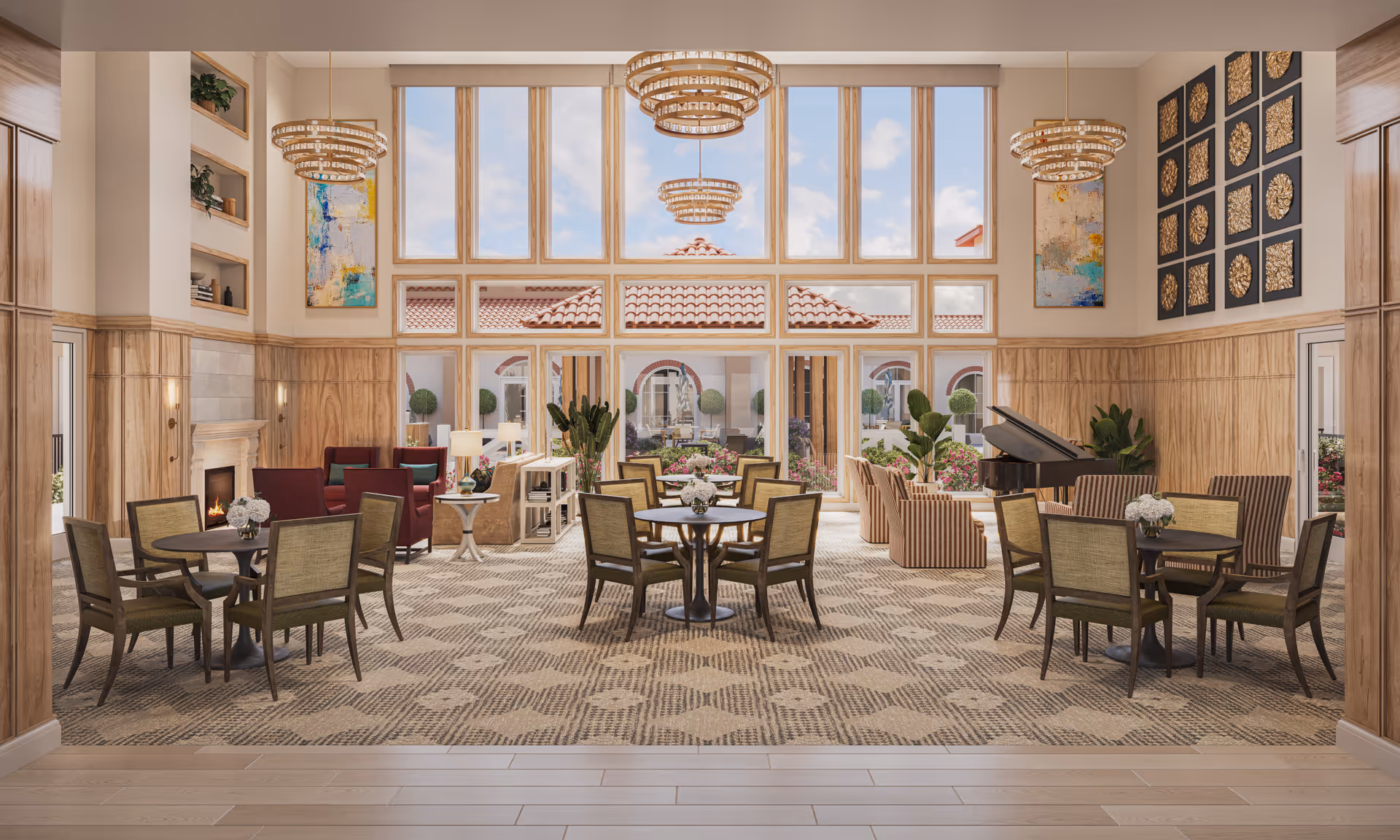 Bright, elegant senior living common room with dining tables, lounge seating, a fireplace, and a grand piano in front of tall windows overlooking a courtyard.