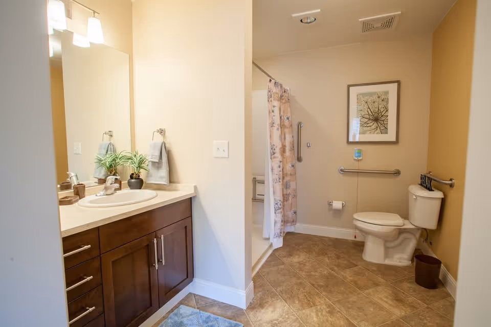 A clean and well-lit bathroom featuring a wooden vanity with a sink, a large mirror, and two potted plants. The bathroom has a walk-in shower with a floral shower curtain, a toilet with grab bars on the wall, a framed artwork above the toilet, and a tiled floor.