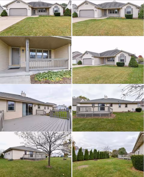 A collage of eight images showing the exterior views of a single-story residential building with beige siding and a gray roof. The images include front views with a driveway and garage, a covered front porch with a railing, a wooden deck at the back, and various angles of the surrounding grassy yard with trees and shrubs.