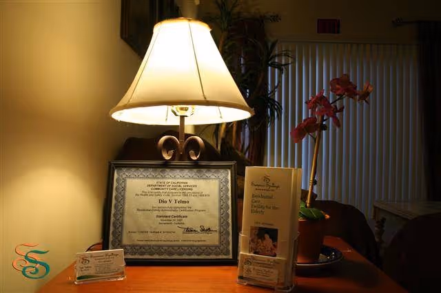 A wooden table holding a lit lamp, a framed certificate, brochures, and a potted orchid in a dimly lit interior.