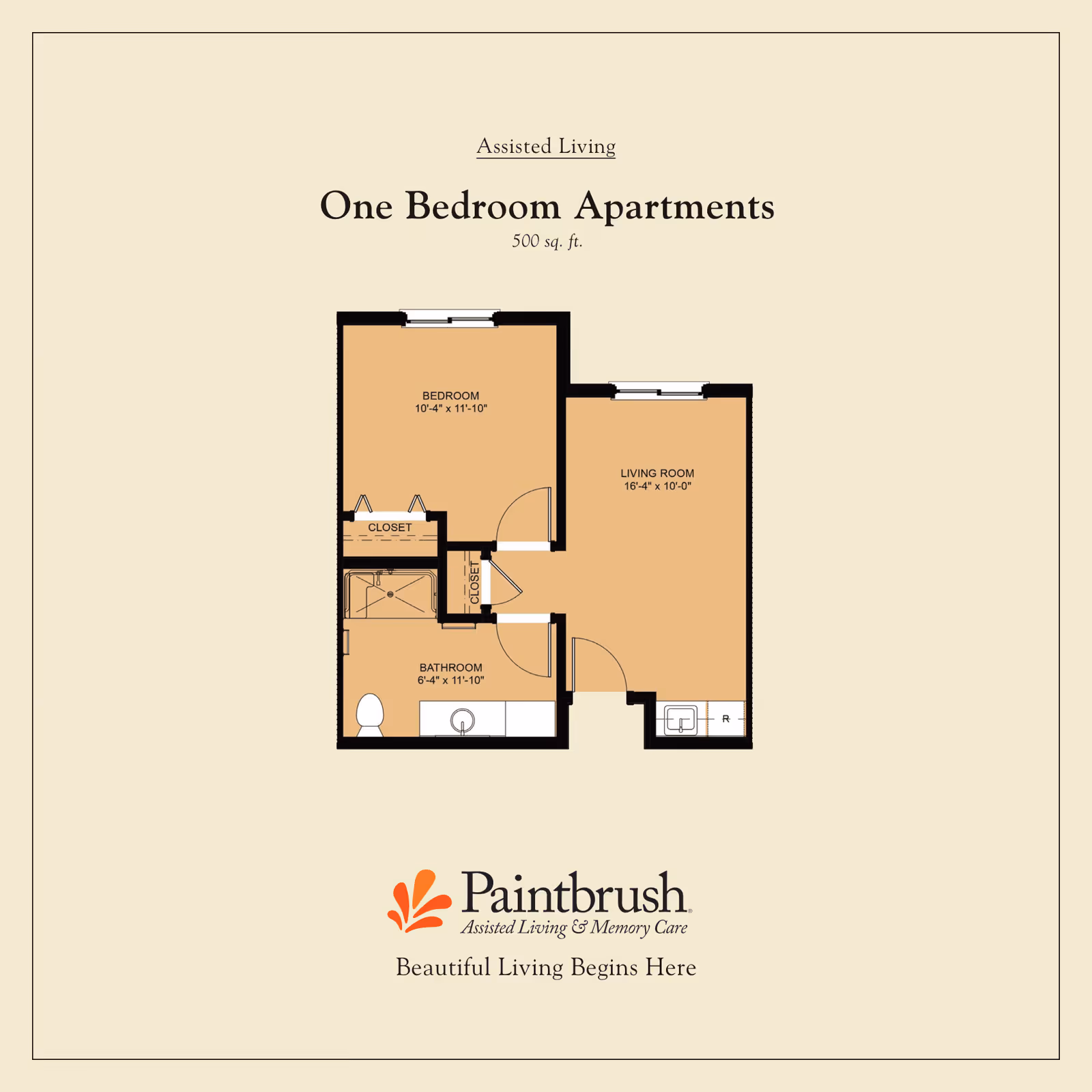Floor plan of a one bedroom apartment in an assisted living facility showing a bedroom, living room, bathroom, and closets with dimensions.