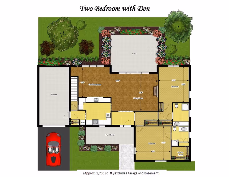 Floor plan of a two-bedroom home with a den, showing a garage, front porch, patio, living room, kitchen, two bedrooms, bathrooms, walk-in closet, and laundry area. The plan includes measurements for rooms and landscaping around the patio and front yard.