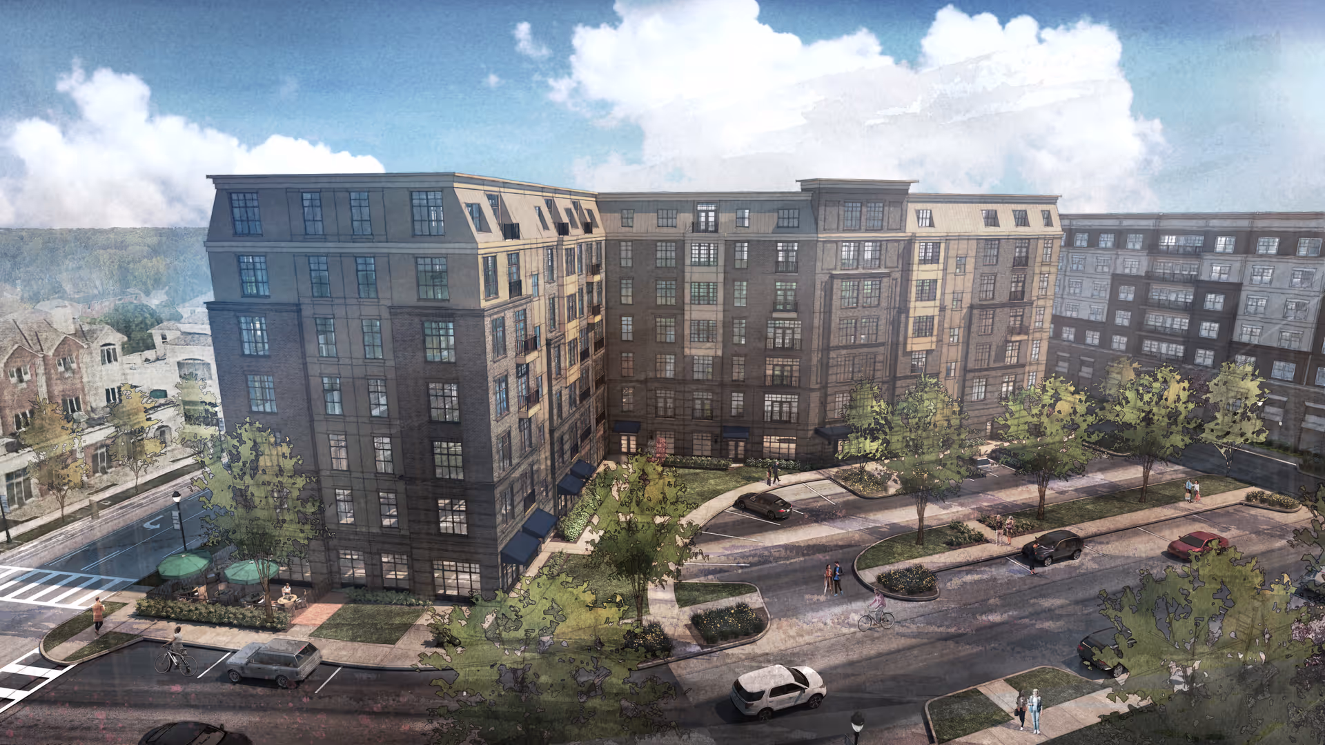 Exterior rendering of a large multi-wing senior living campus with parking and greenery.