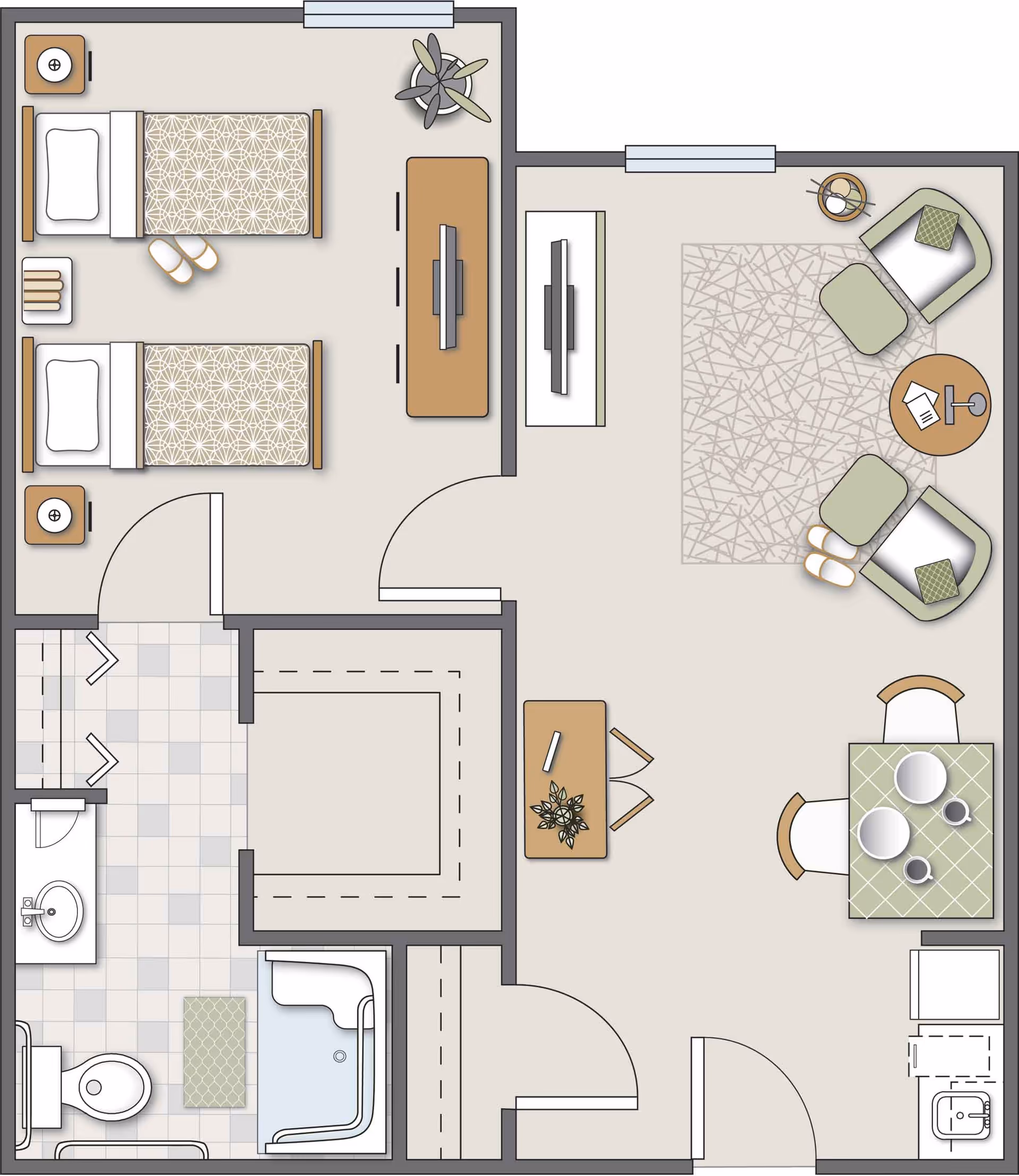 Floor plan of a living space in Jamestowne Assisted Living showing a bedroom with two single beds, a bathroom with a toilet, sink, and shower, a living room area with two chairs, a small table, and a TV, and a dining area with a table set for two. There is also a small kitchen area with a sink and appliances.
