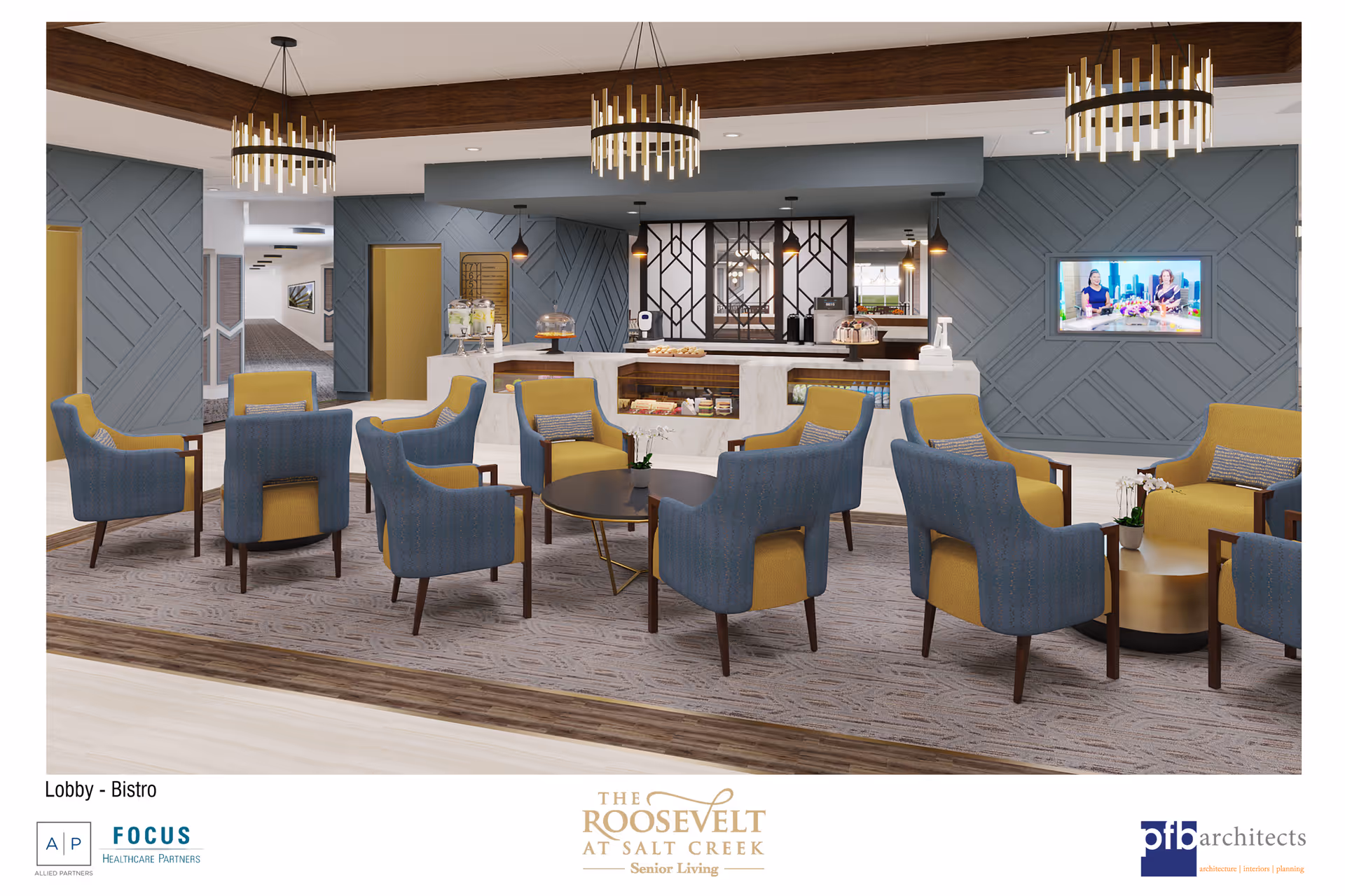 Bright lobby bistro with blue and yellow armchairs arranged around small tables facing a service counter and TV.