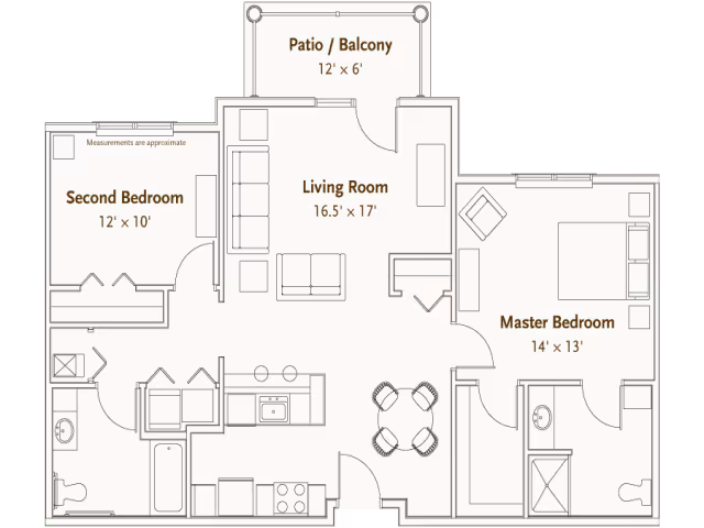 Floor plan of a residential unit at Hearthstone Village showing a living room with sofa and chairs, a patio/balcony, a master bedroom with a bed and seating, a second bedroom, a kitchen with appliances, a dining area with a round table and four chairs, and two bathrooms.