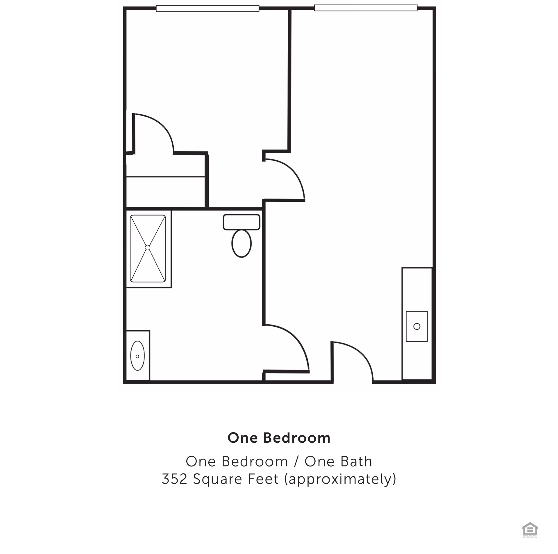 Floor plan of a one-bedroom, one-bath apartment approximately 352 square feet, showing layout with bedroom, bathroom, and kitchen area.