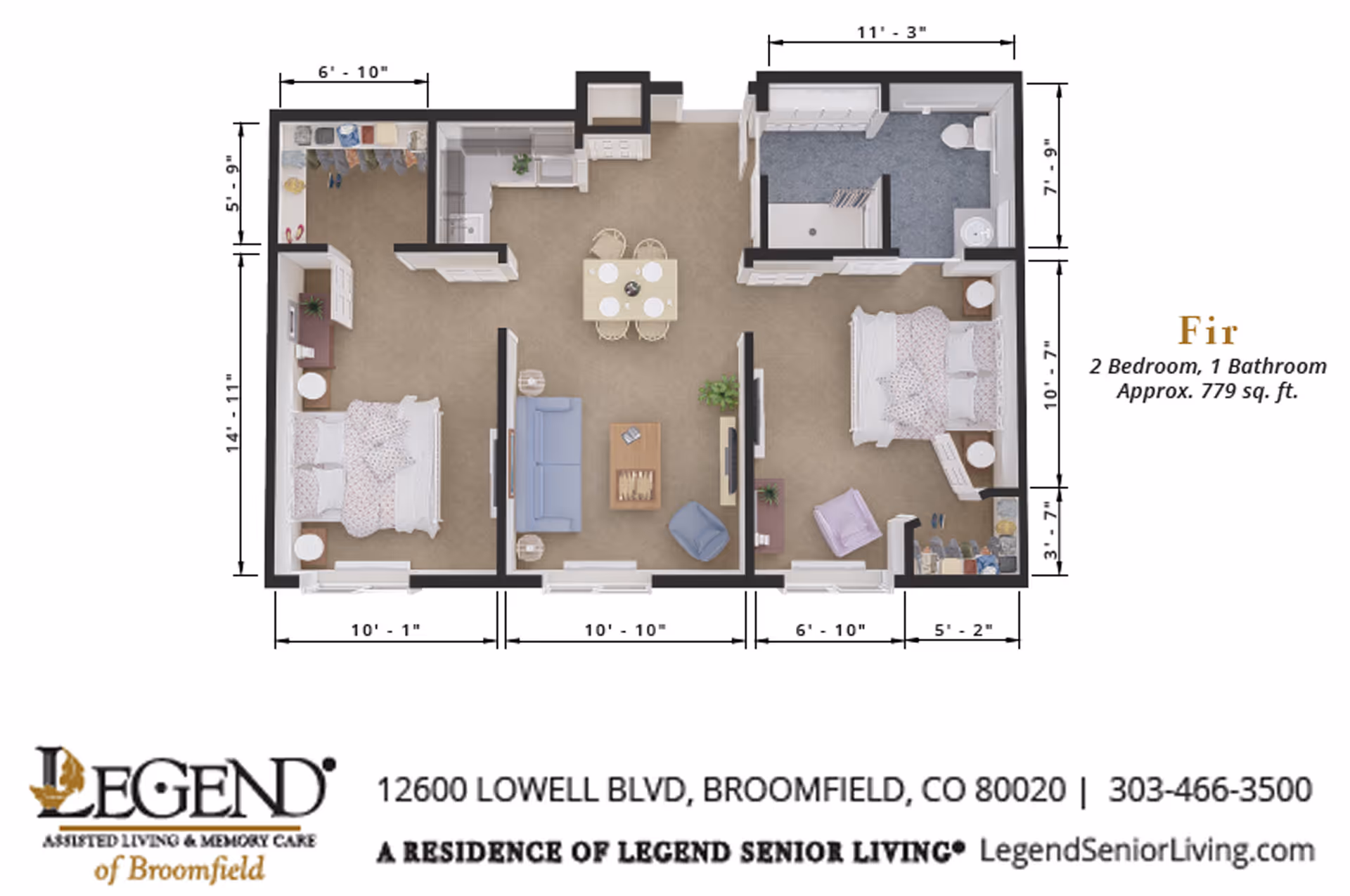 Floor plan of a two-bedroom, one-bathroom apartment named Fir at Legend of Broomfield. The layout includes two bedrooms with beds and closets, a bathroom with a shower, toilet, and sink, a kitchen area with appliances, a dining area with a table and four chairs, and a living room with a sofa, chair, coffee table, and TV. Dimensions of each room are labeled.