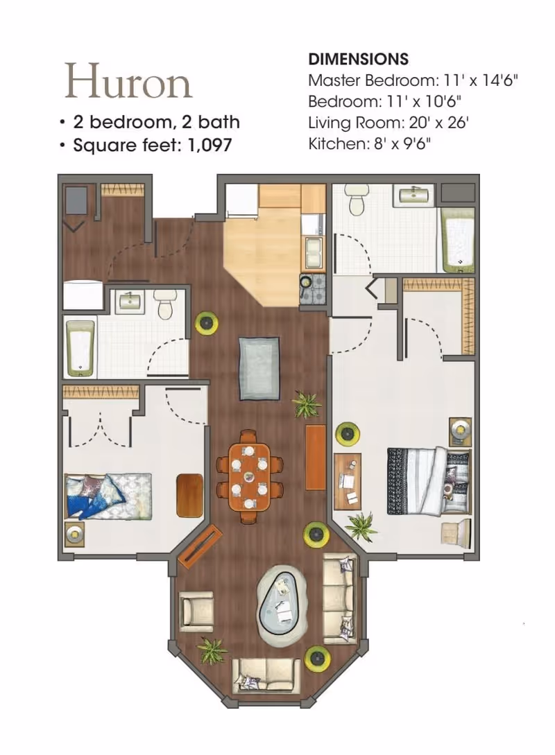 Floor plan of the Huron apartment at Marycrest Manor - Livonia, showing a 2 bedroom, 2 bath layout with a living room, kitchen, and dining area. The master bedroom measures 11' x 14'6", the second bedroom is 11' x 10'6", the living room is 20' x 26', and the kitchen is 8' x 9'6". The layout includes furniture placement such as beds, sofas, dining table, and kitchen appliances.