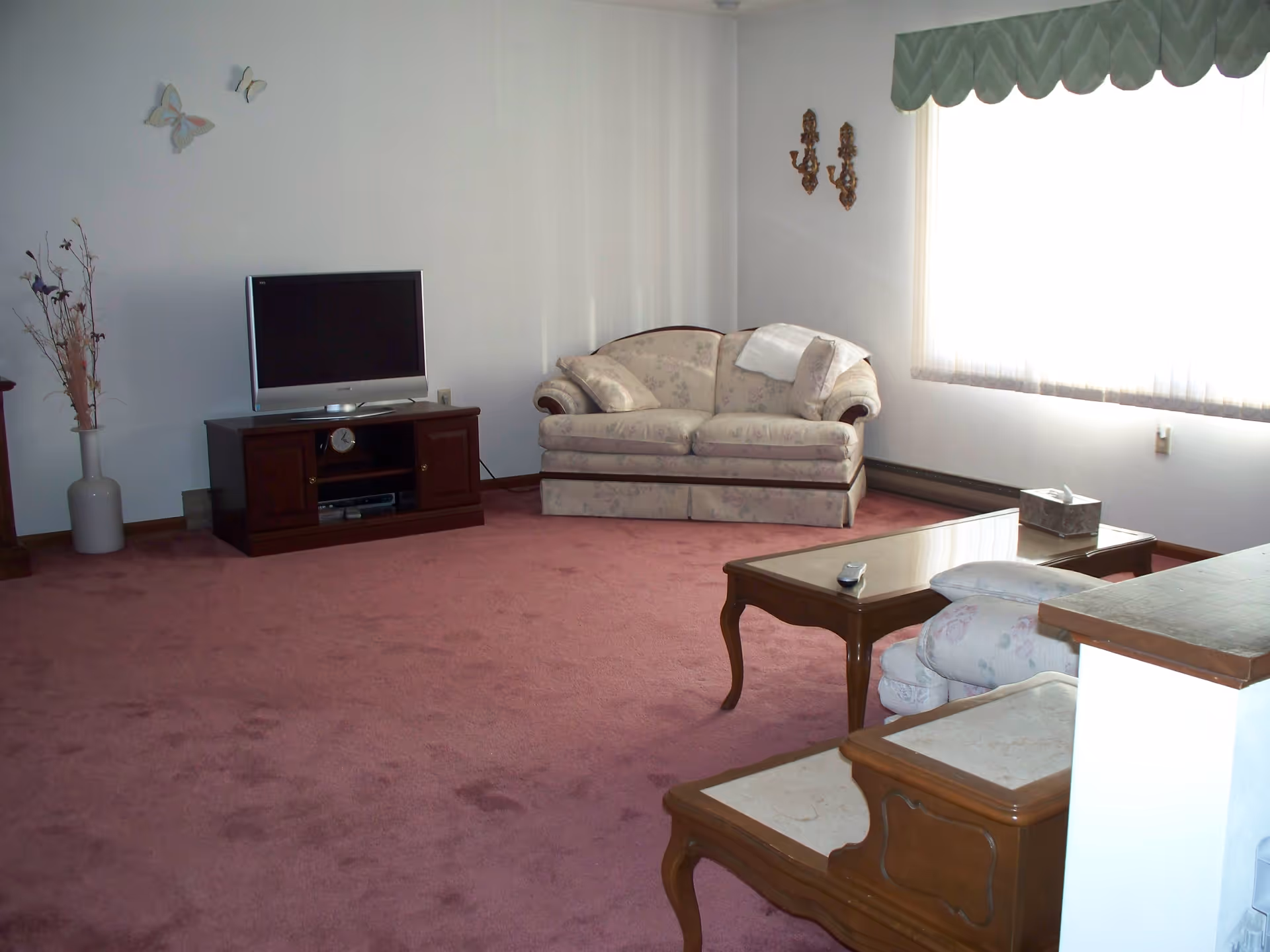 A living room with pink carpet, a floral patterned loveseat, a wooden TV stand with a flat-screen TV, a wooden coffee table with a remote control, and a side table with a tissue box. The room has white walls, a large window with sheer curtains and a green valance, wall-mounted candle holders, and decorative butterflies on the wall.
