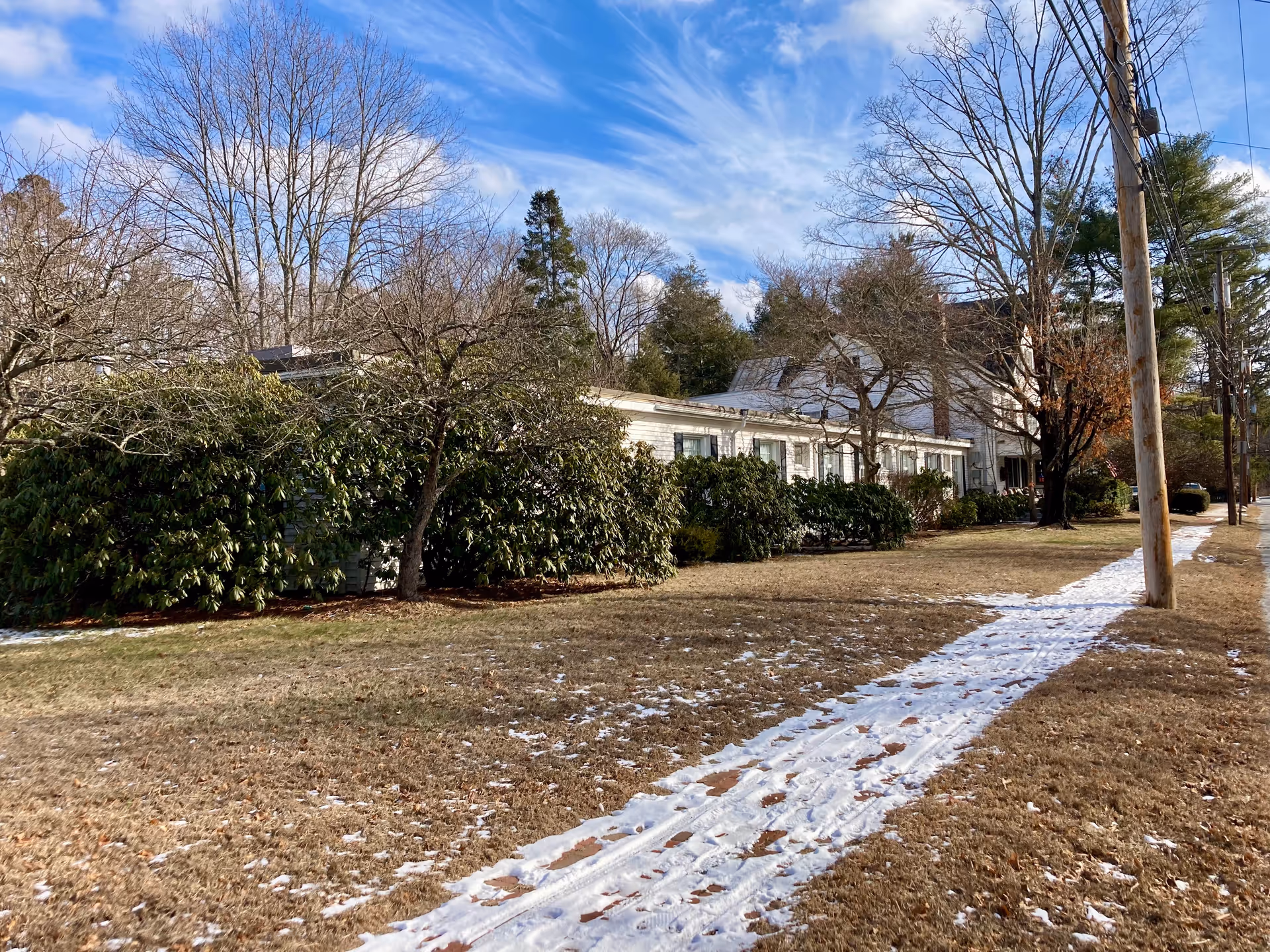 Low white building partly obscured by shrubs and bare trees with a snow-dusted sidewalk and utility pole under a blue sky.