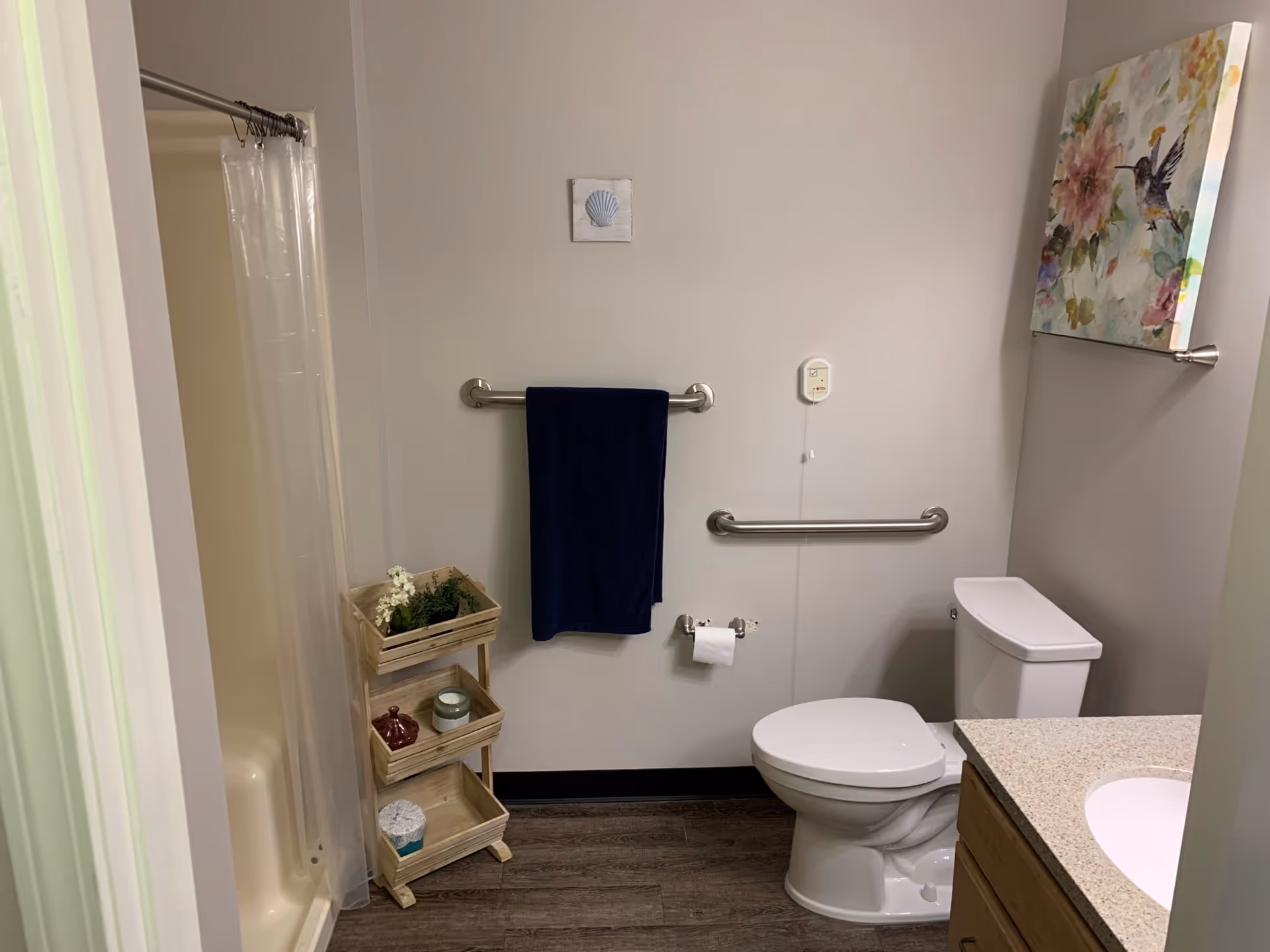 A clean and accessible bathroom with a white toilet, a beige countertop with a sink, a shower with a clear curtain, and a small wooden shelf holding decorative items. There are two metal grab bars on the wall, a dark blue towel hanging on one, and a colorful floral painting on the wall.