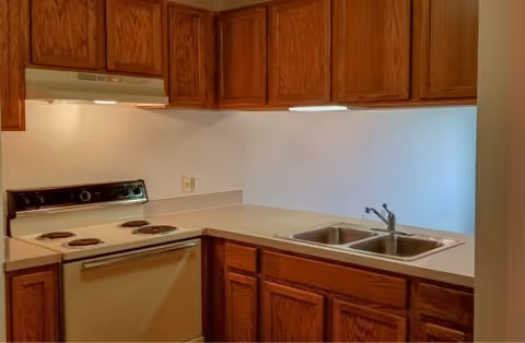 A kitchen area with wooden cabinets, a white electric stove with four coil burners, a white range hood, a double stainless steel sink with a faucet, and beige countertops.