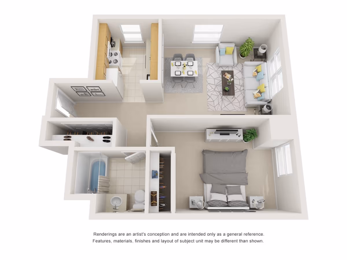 3D floor plan of a one-bedroom apartment featuring a kitchen with appliances, a dining area with a table and four chairs, a living room with a sofa, armchair, coffee table, and plants, a bedroom with a bed, nightstands, and a dresser, a bathroom with a bathtub, toilet, and sink, and closets near the entrance and bedroom.