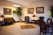 A cozy lobby area with chairs, a sofa, side tables, lamps, framed artwork, and potted plants.