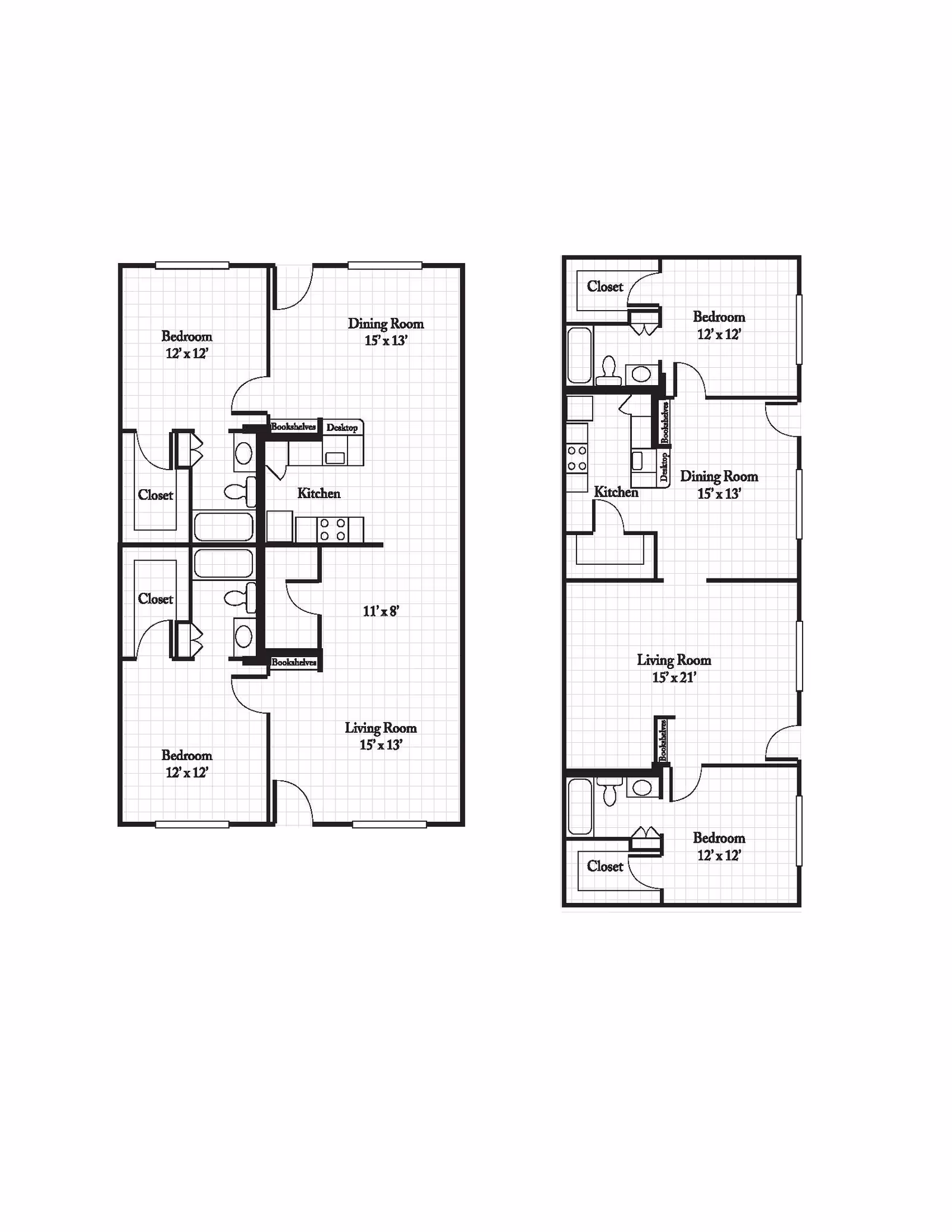 Two black and white architectural floor plans showing layouts of apartments with labeled rooms including bedrooms, closets, bathrooms, kitchens, dining rooms, living rooms, bookshelves, and desktops. Each bedroom measures 12 by 12 feet, dining rooms 15 by 13 feet, and living rooms vary in size. The plans show detailed room arrangements and door placements.