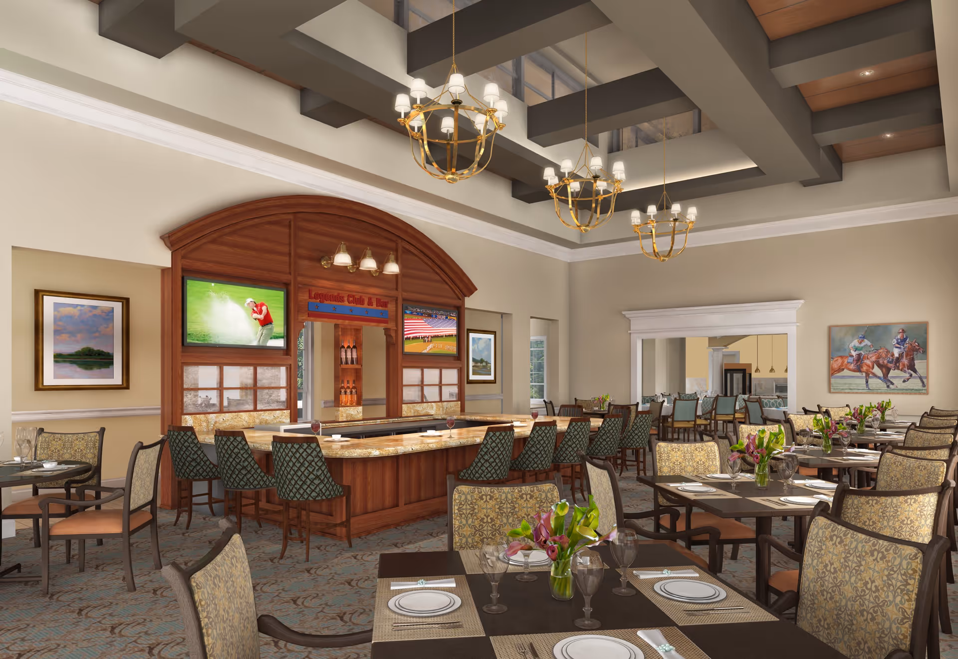 A spacious dining room with multiple tables set with plates, glasses, and floral centerpieces. The room features a large bar area with high chairs, two televisions mounted above the bar, and elegant chandeliers hanging from a coffered ceiling. The walls are decorated with framed paintings.