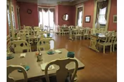 A dining room with multiple tables and chairs arranged neatly. Each table has plates, cups, and utensils set on it. The room has wooden flooring, large windows with curtains, and walls painted in a warm color. There are mirrors and framed pictures on the walls.