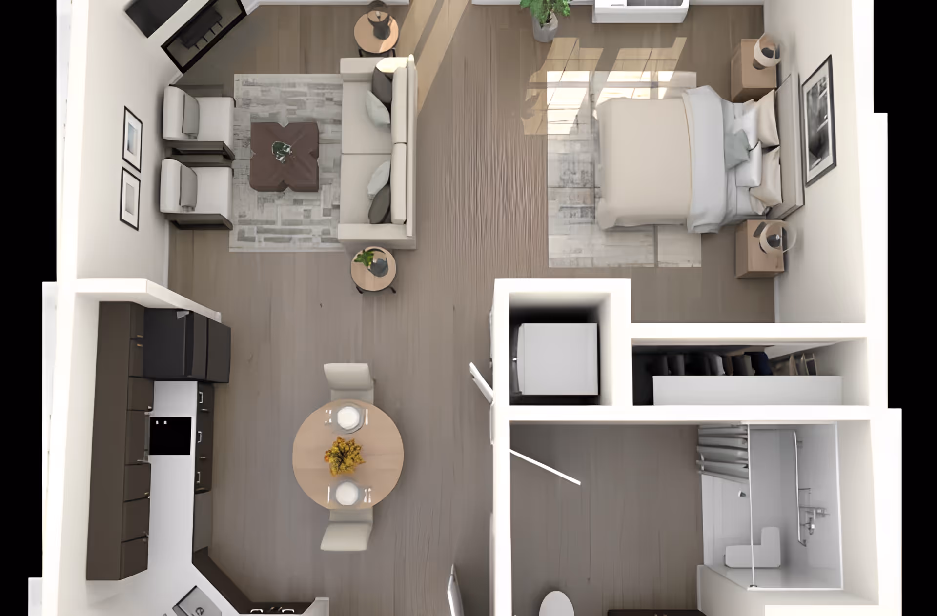 Top-down 3D floor plan of a studio apartment showing a kitchen, dining table, living area, bed, closet, and bathroom.