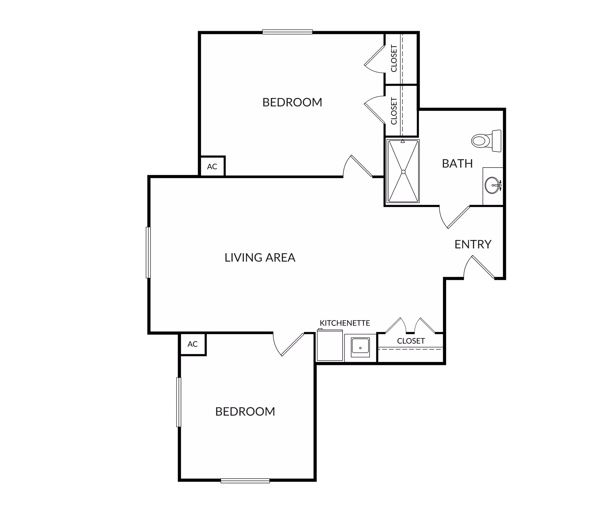Black-and-white floor plan of a two-bedroom unit showing a central living area, kitchenette, bathroom, entry and closets.
